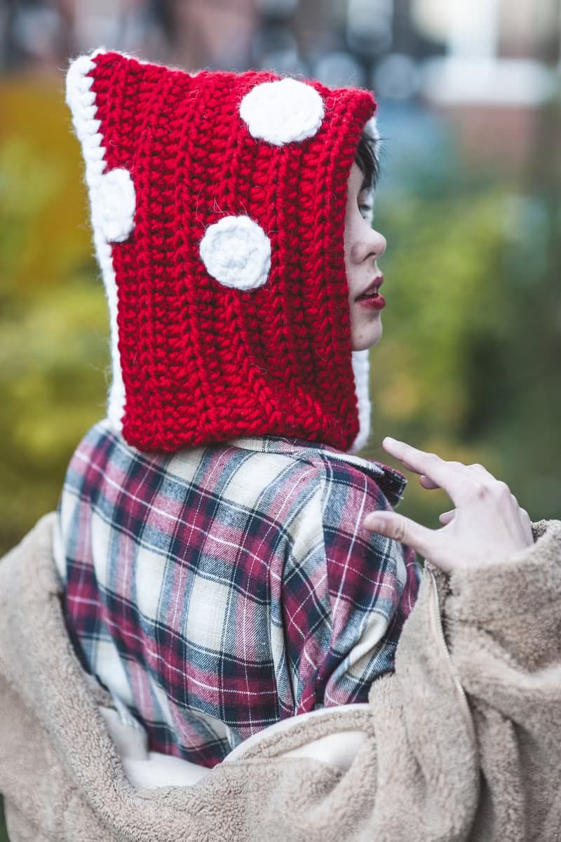Toadstool pointed hat, Red amanita mushroom hat, Crochet mushroom hooded cowl