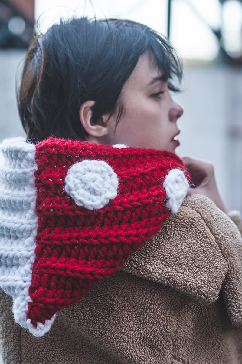 Toadstool pointed hat, Red amanita mushroom hat, Crochet mushroom hooded cowl