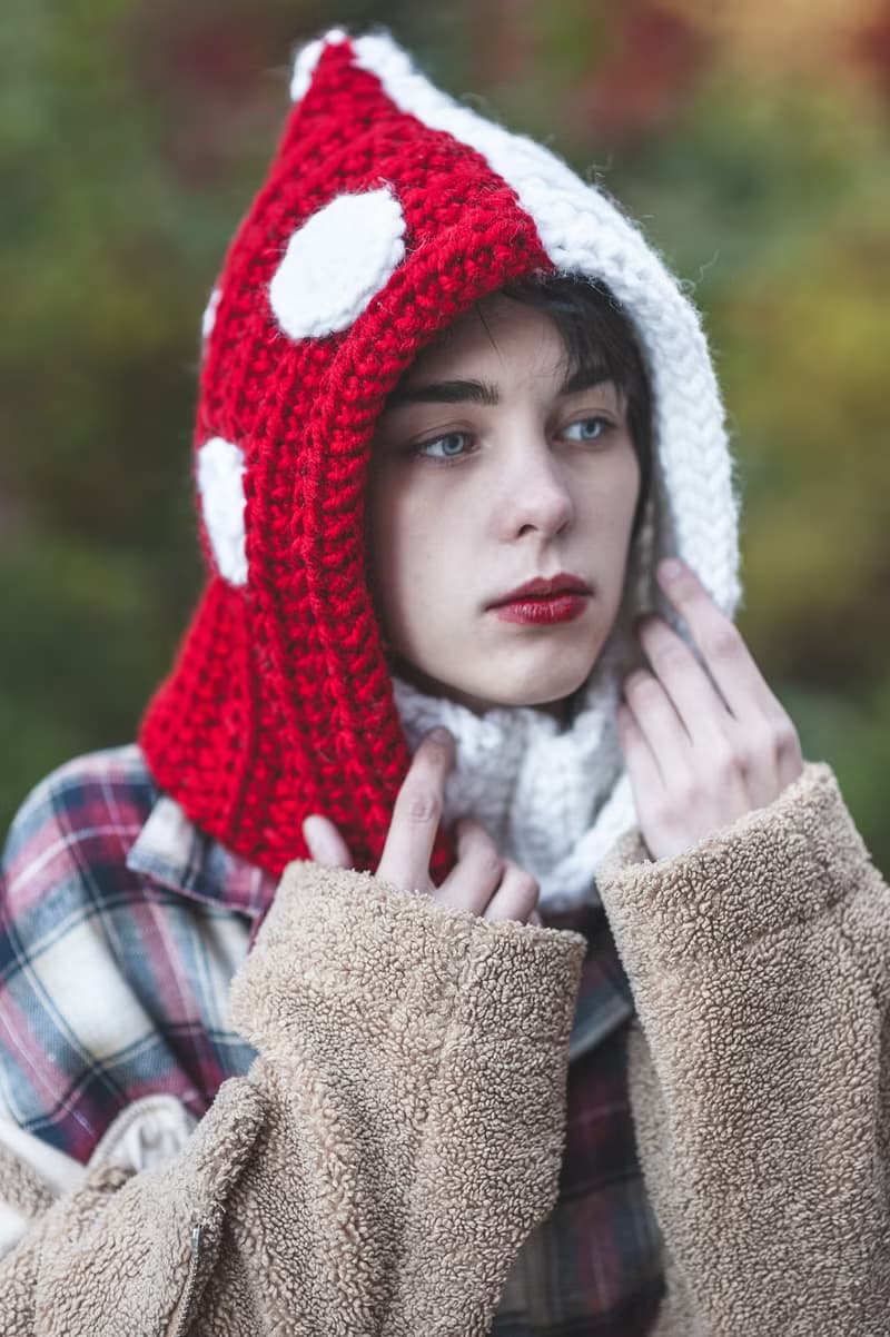 Toadstool pointed hat, Red amanita mushroom hat, Crochet mushroom hooded cowl