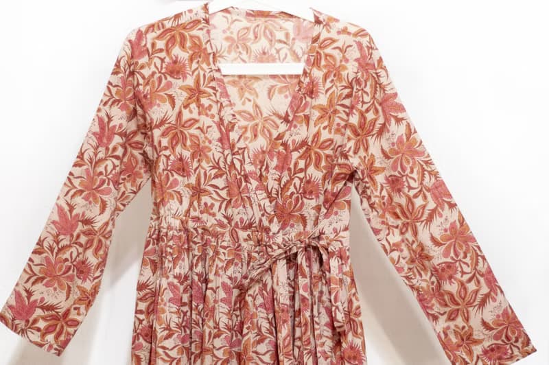 女裝木刻印純棉洋裝 印度棉長袖連衣裙 手工蓋印有機棉連身裙-花