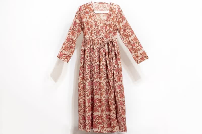 女裝木刻印純棉洋裝 印度棉長袖連衣裙 手工蓋印有機棉連身裙-花