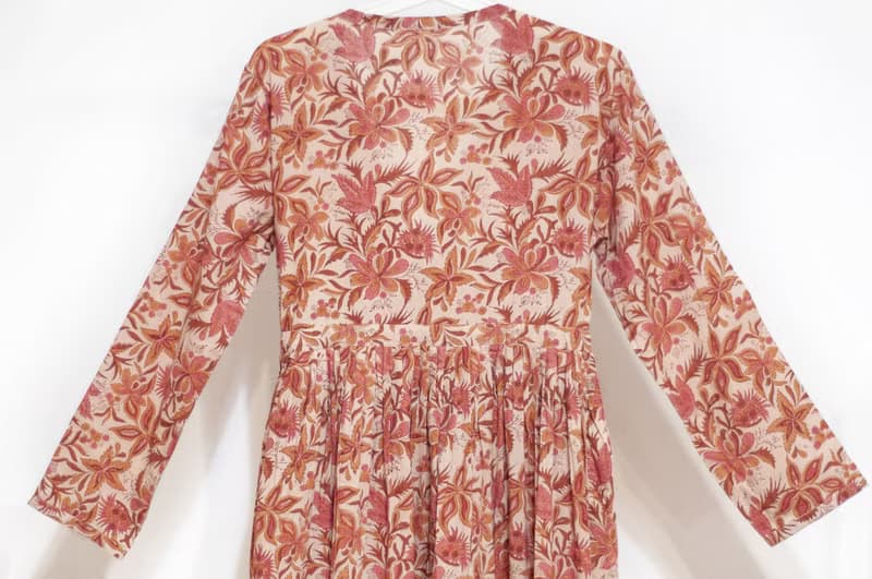 女裝木刻印純棉洋裝 印度棉長袖連衣裙 手工蓋印有機棉連身裙-花