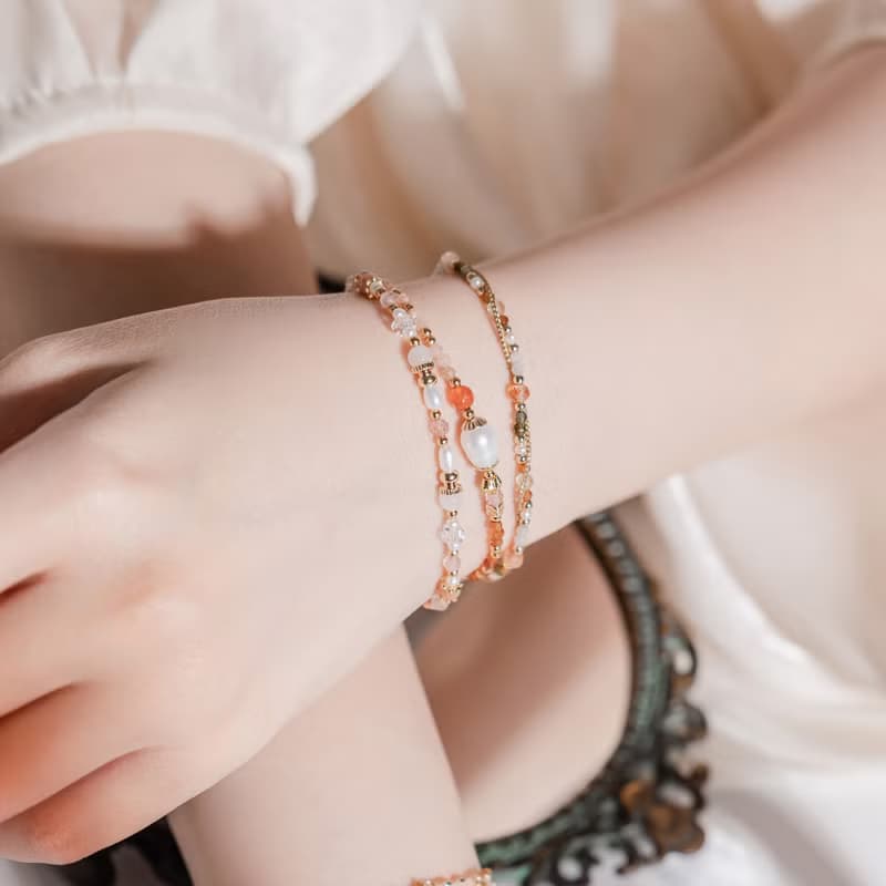 健康 x 珍珠 紅瑪瑙 太陽石 草莓晶 【世界盡頭的戀人】雙層手鍊