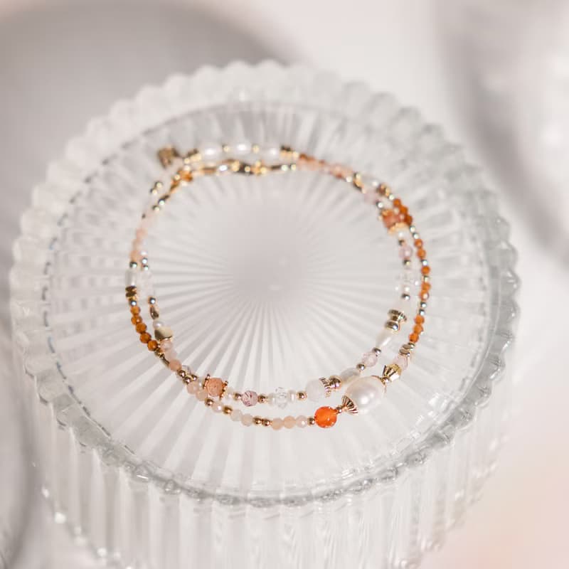 健康 x 珍珠 紅瑪瑙 太陽石 草莓晶 【世界盡頭的戀人】雙層手鍊