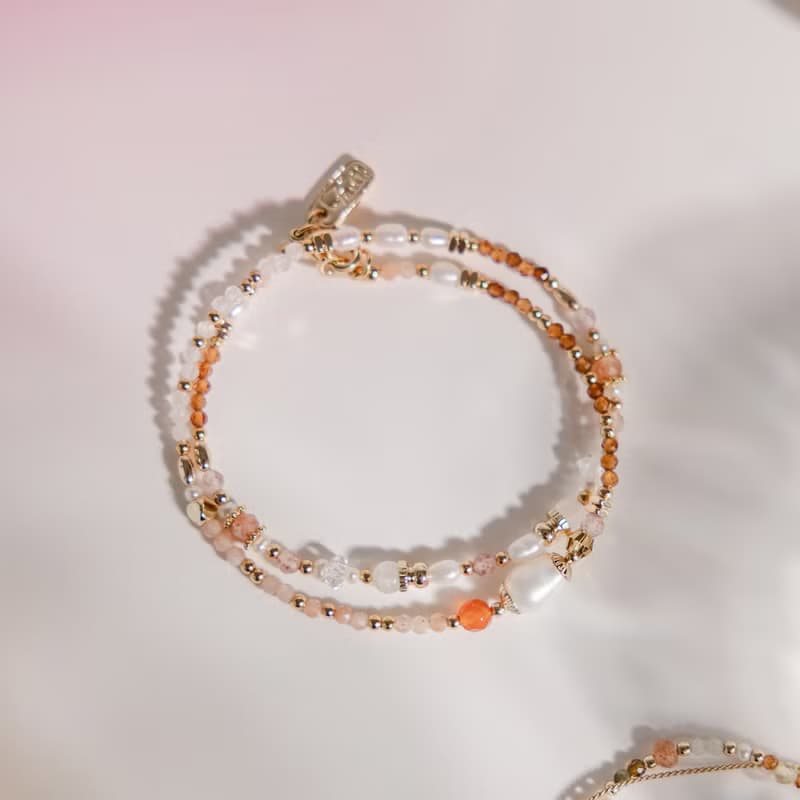 健康 x 珍珠 紅瑪瑙 太陽石 草莓晶 【世界盡頭的戀人】雙層手鍊