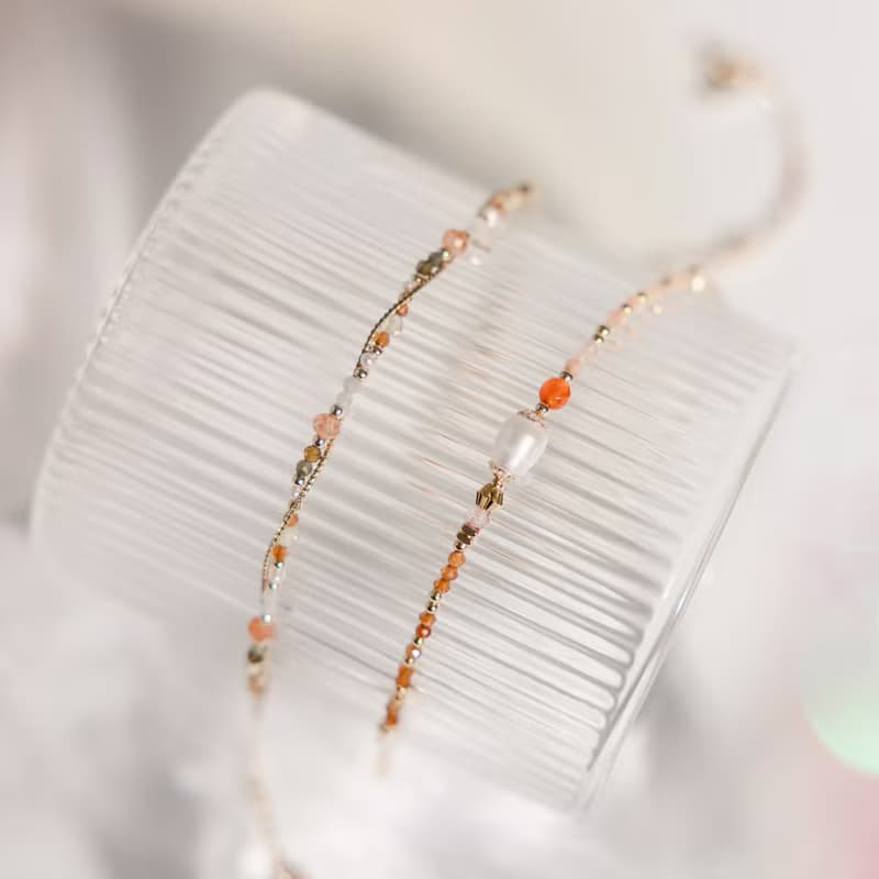 健康 x 珍珠 紅瑪瑙 太陽石 草莓晶 【世界盡頭的戀人】雙層手鍊