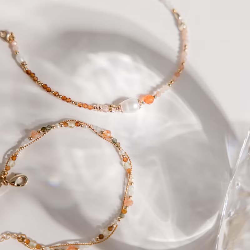 健康 x 珍珠 紅瑪瑙 太陽石 草莓晶 【世界盡頭的戀人】雙層手鍊