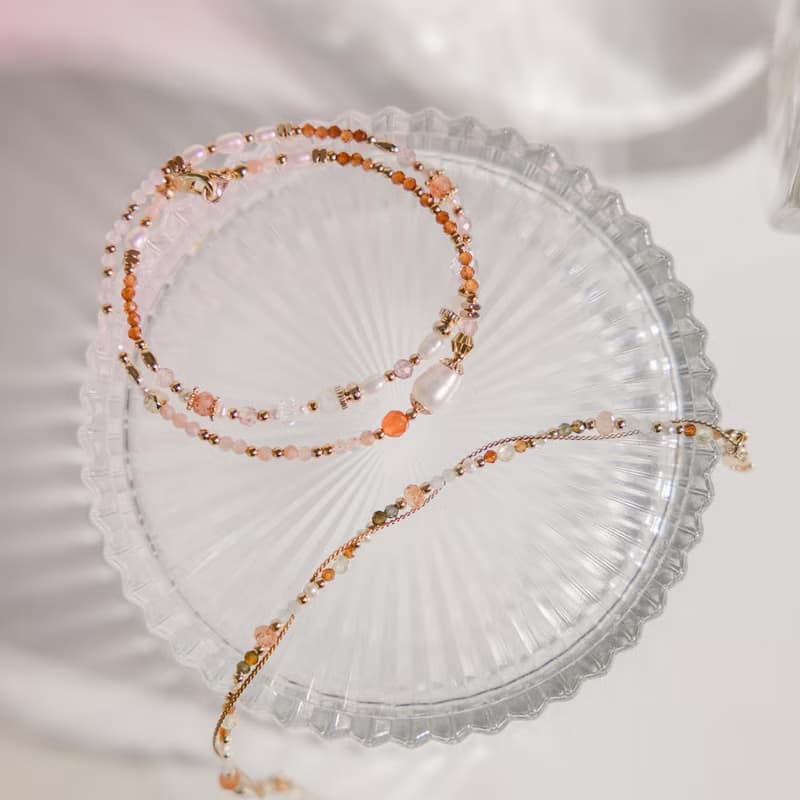 健康 x 珍珠 紅瑪瑙 太陽石 草莓晶 【世界盡頭的戀人】雙層手鍊