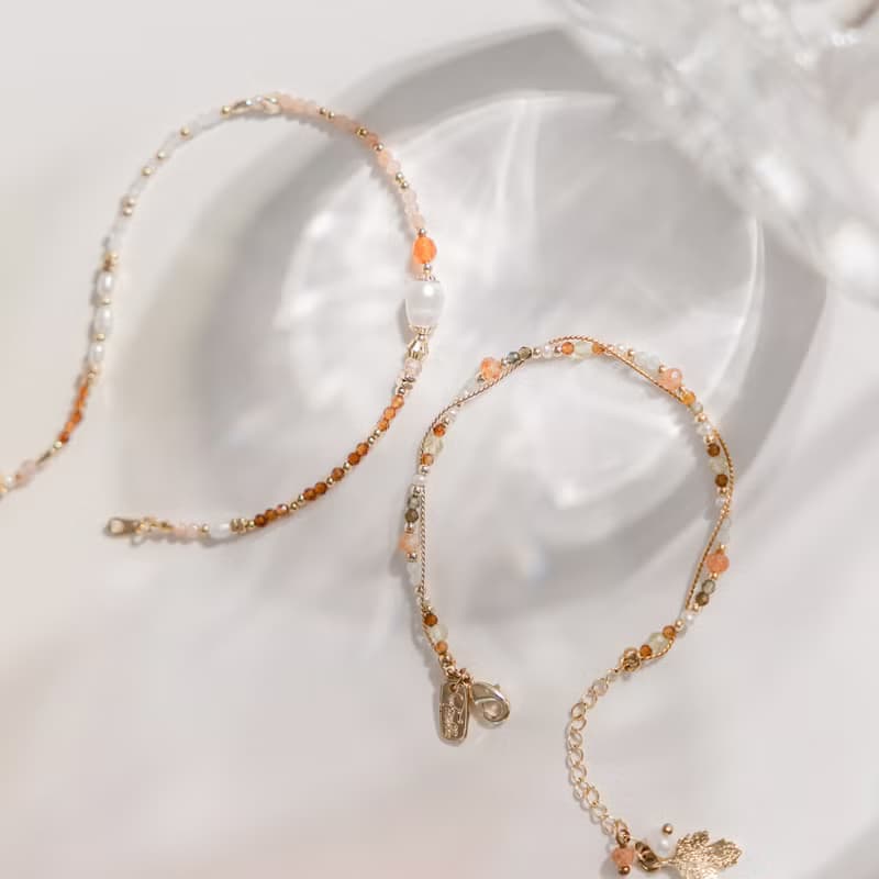 健康 x 珍珠 紅瑪瑙 太陽石 草莓晶 【世界盡頭的戀人】雙層手鍊