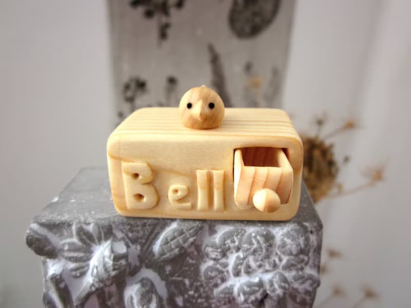 Miniature wooden drawer with little bird personalized with