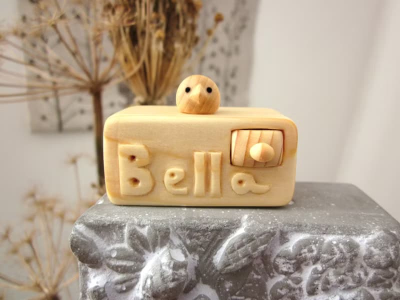 Miniature wooden drawer with little bird personalized with