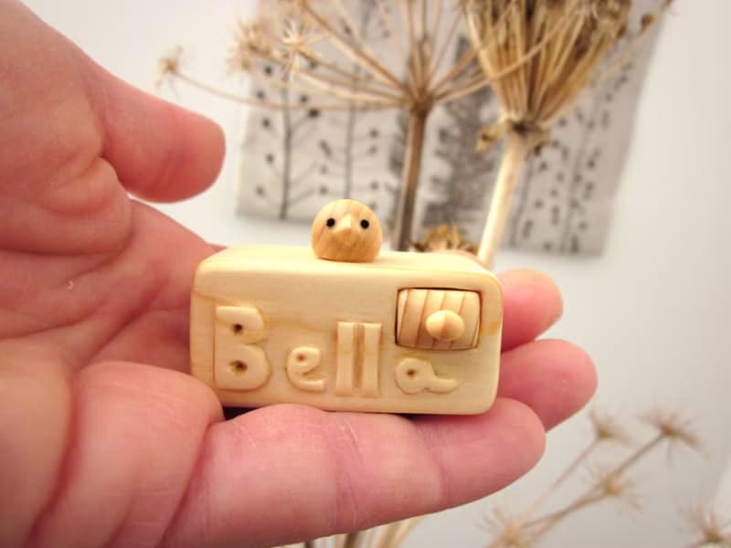 Miniature wooden drawer with little bird personalized with