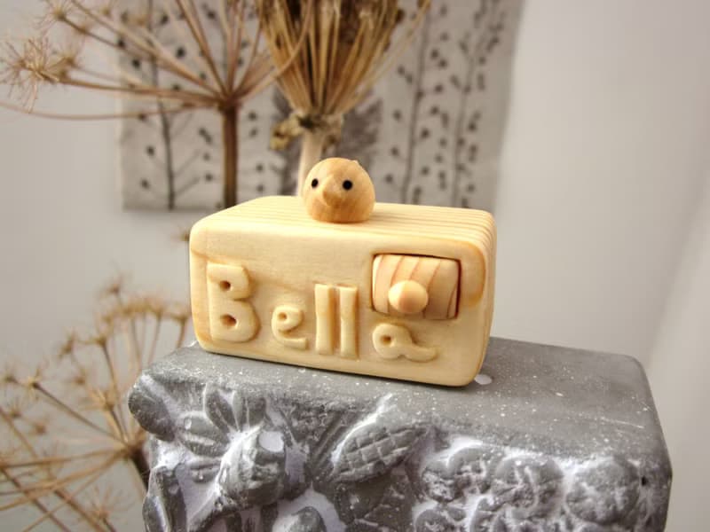 Miniature wooden drawer with little bird personalized with