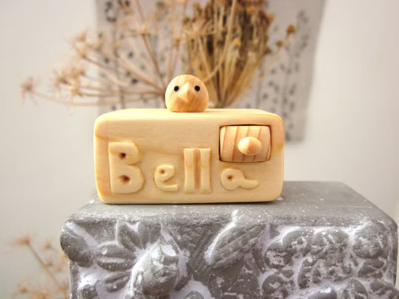 Miniature wooden drawer with little bird personalized with