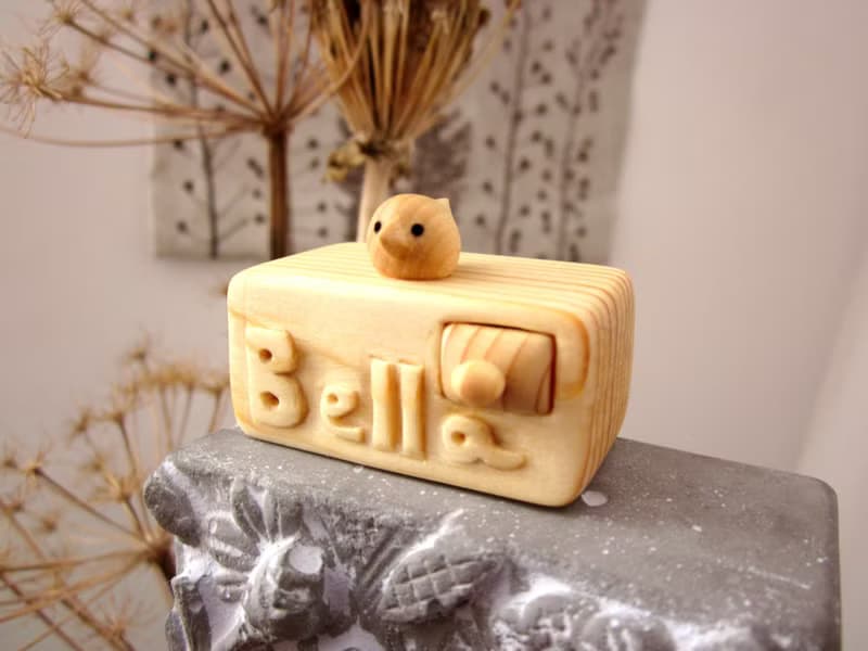 Miniature wooden drawer with little bird personalized with