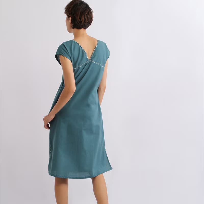 Karen Cotton Long Dress, Green, Mold Navy