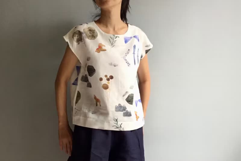 小馬之歌/設計師插畫印花布/亞麻法式袖短版小上衣100%Linen