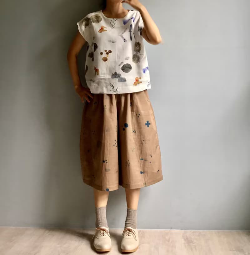小馬之歌/設計師插畫印花布/亞麻法式袖短版小上衣100%Linen