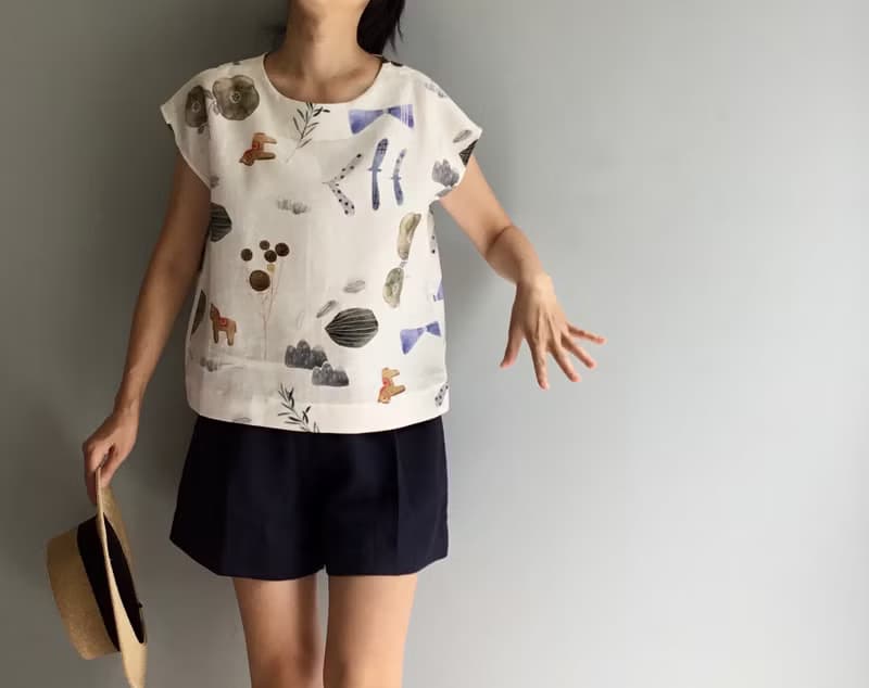小馬之歌/設計師插畫印花布/亞麻法式袖短版小上衣100%Linen