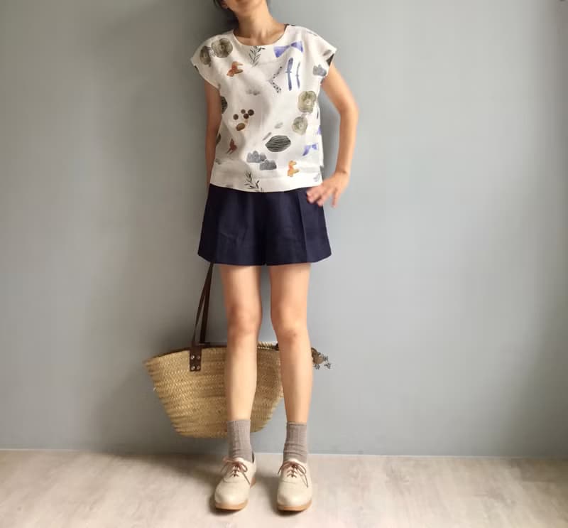 小馬之歌/設計師插畫印花布/亞麻法式袖短版小上衣100%Linen