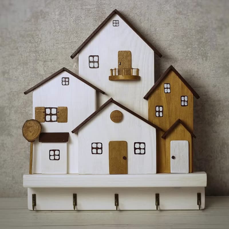 Wood Key Holder with 4 Houses 5 Hooks for Entryway Kitchen Hallway Office