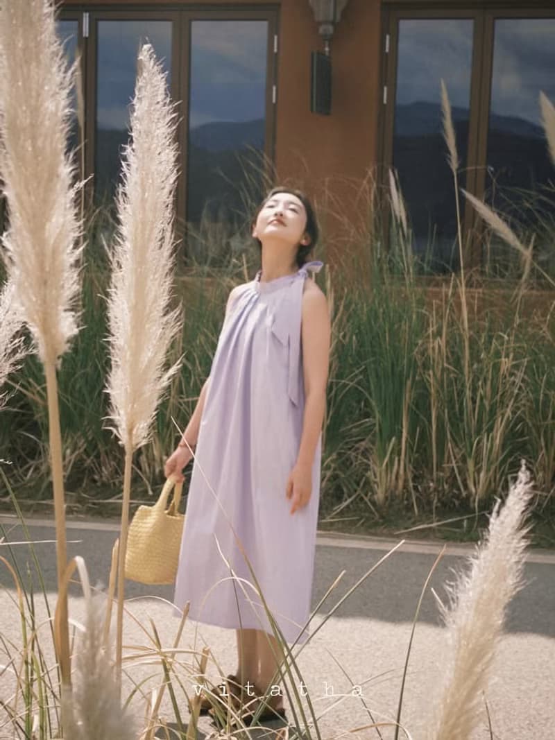 丁香紫色 掛脖上衣/洋裝 夏日忘憂草無袖掛脖連衣裙