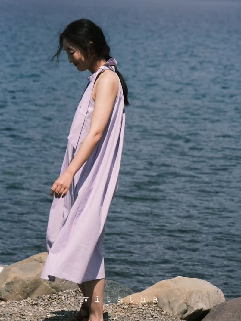 丁香紫色 掛脖上衣/洋裝 夏日忘憂草無袖掛脖連衣裙