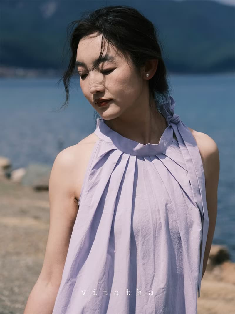 丁香紫色 掛脖上衣/洋裝 夏日忘憂草無袖掛脖連衣裙