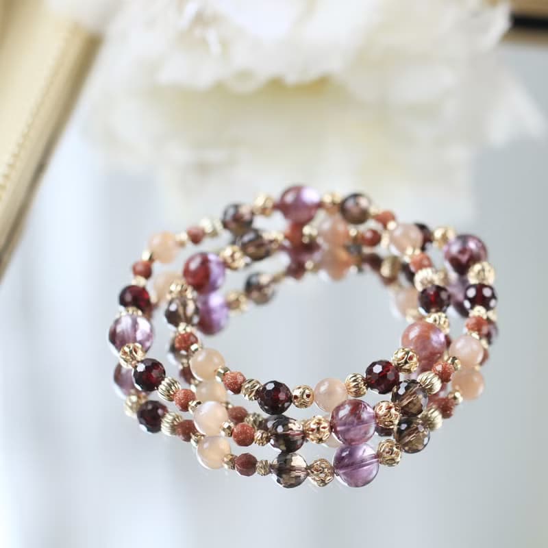 飛行納米比亞。紫幽靈/茶晶/橙月光石/石榴石天然石水晶設計手鍊