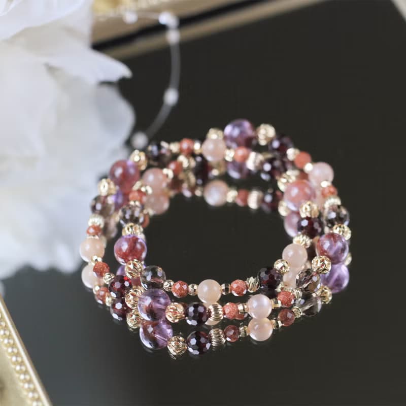 飛行納米比亞。紫幽靈/茶晶/橙月光石/石榴石天然石水晶設計手鍊