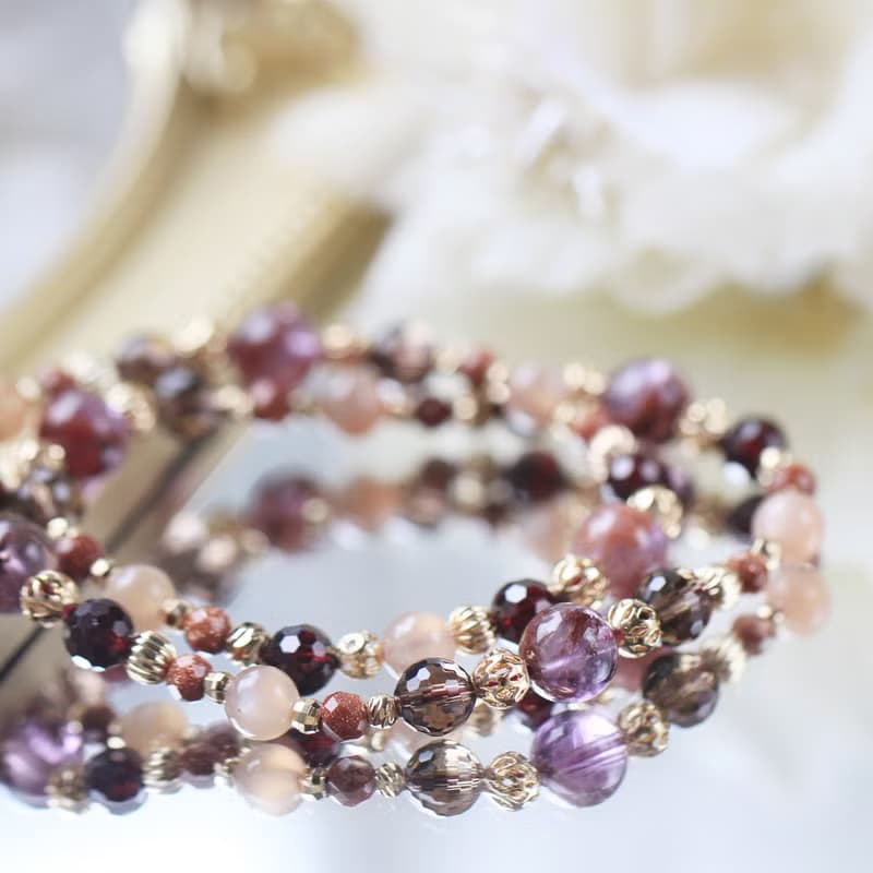 飛行納米比亞。紫幽靈/茶晶/橙月光石/石榴石天然石水晶設計手鍊