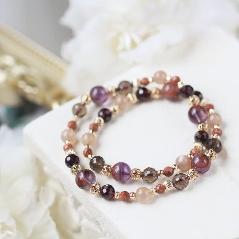 飛行納米比亞。紫幽靈/茶晶/橙月光石/石榴石天然石水晶設計手鍊