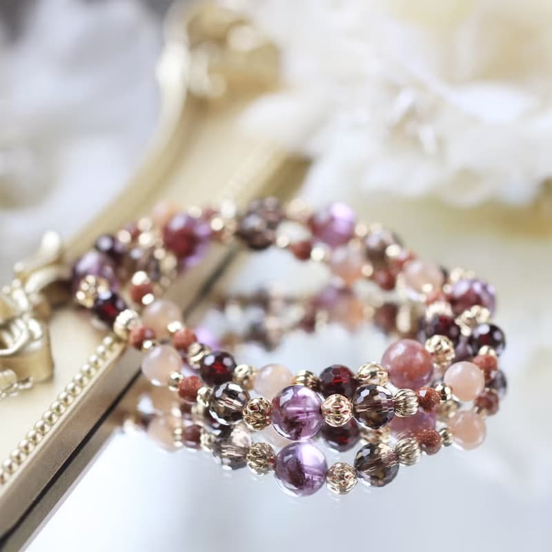 飛行納米比亞。紫幽靈/茶晶/橙月光石/石榴石天然石水晶設計手鍊