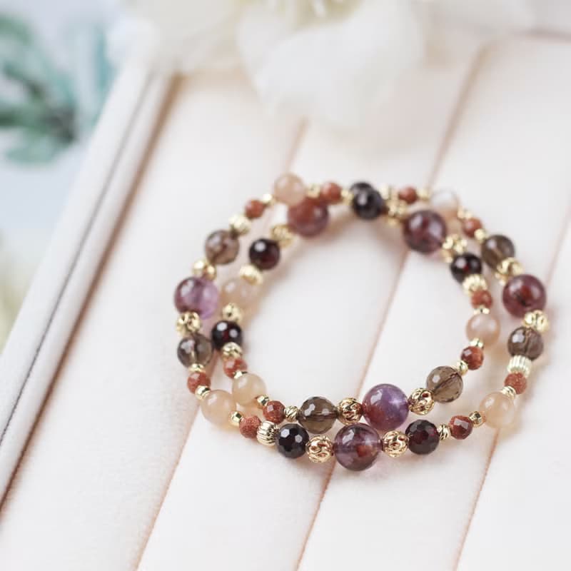 飛行納米比亞。紫幽靈/茶晶/橙月光石/石榴石天然石水晶設計手鍊