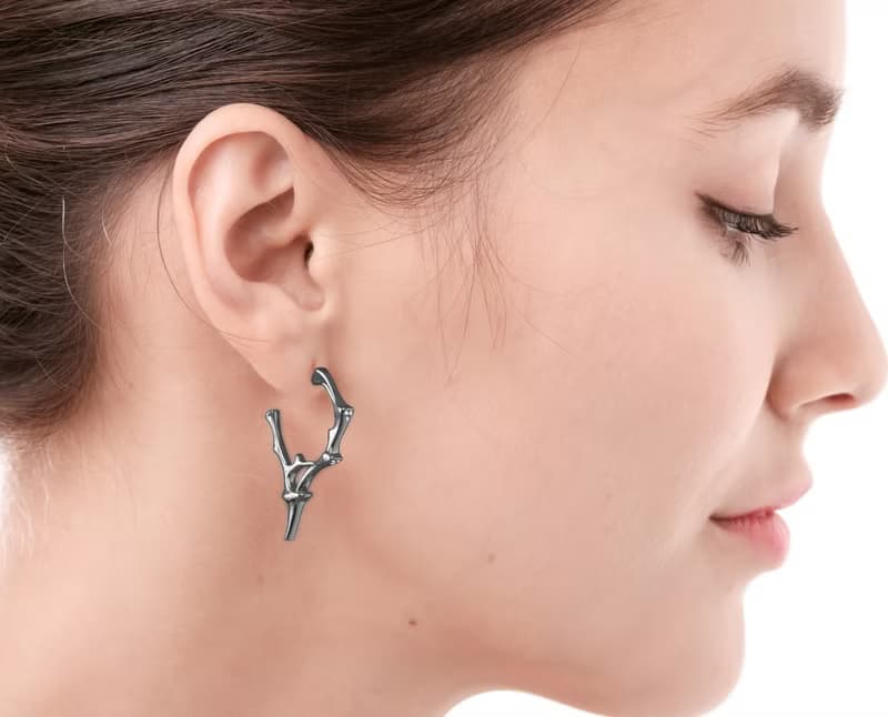 鑽石925純銀圈型酷黑耳環 尖刺哥特耳環 分支刺形女巫樹枝型耳環