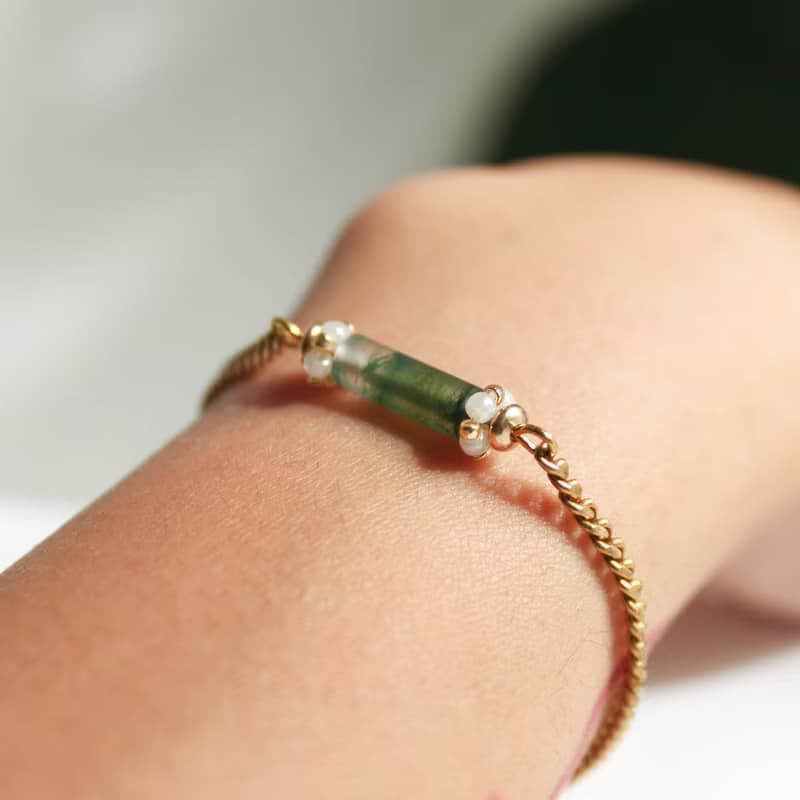 青磚廊柱 黃銅手鍊 水草瑪瑙 日本珠 禮物