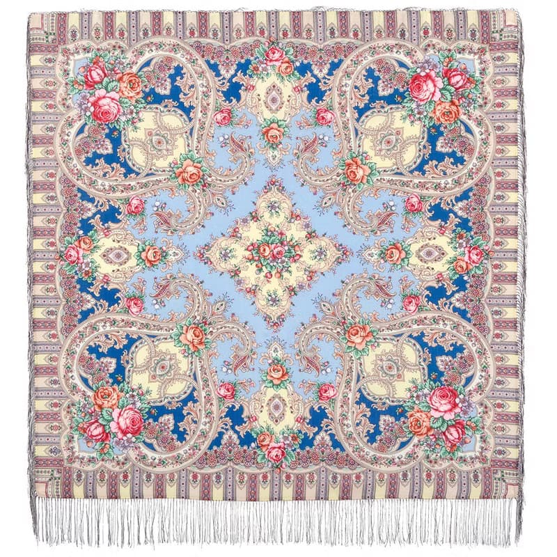 Pavlovo Posad Russian Shawl 100% Wool Scarf 125x125 cm Wrap Silk Fringe 1782-63