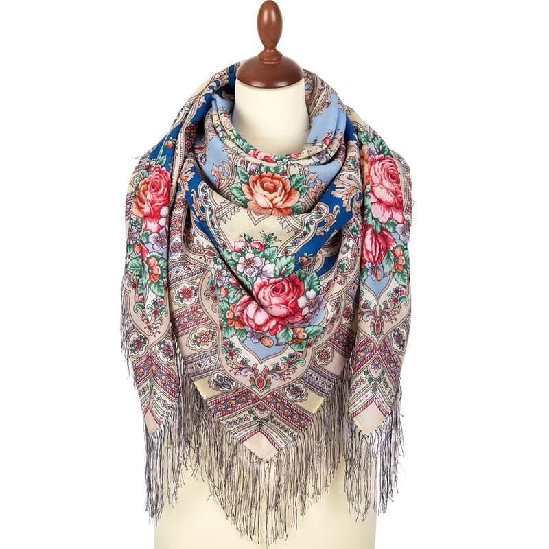 Pavlovo Posad Russian Shawl 100% Wool Scarf 125x125 cm Wrap Silk Fringe 1782-63