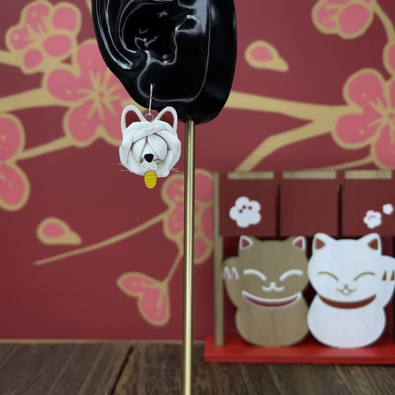 【招財貓】皮革小玫瑰耳環│耳勾│鍍銀耳夾