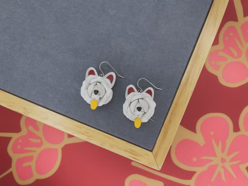 【招財貓】皮革小玫瑰耳環│耳勾│鍍銀耳夾