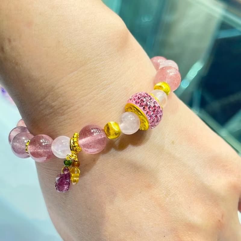 寶麗金珠寶-粉紅琉璃珠黃金造型手鍊