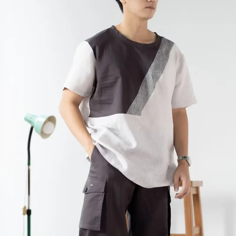 Blue & J Natural Linen Crew Neck Shirt Three Colors Block- Grey/Taupe/Silver