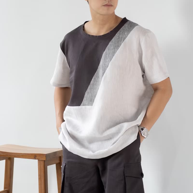 Blue & J Natural Linen Crew Neck Shirt Three Colors Block- Grey/Taupe/Silver