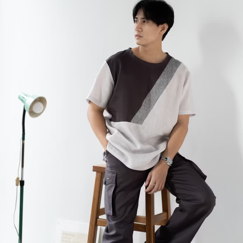 Blue & J Natural Linen Crew Neck Shirt Three Colors Block- Grey/Taupe/Silver