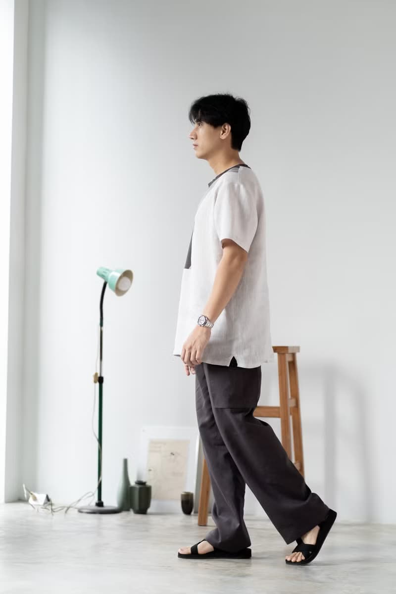 Blue & J Natural Linen Crew Neck Shirt Three Colors Block- Grey/Taupe/Silver