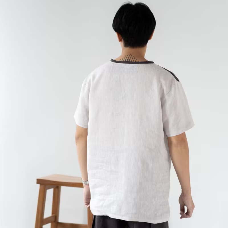 Blue & J Natural Linen Crew Neck Shirt Three Colors Block- Grey/Taupe/Silver