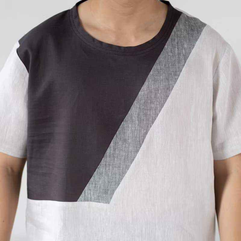 Blue & J Natural Linen Crew Neck Shirt Three Colors Block- Grey/Taupe/Silver