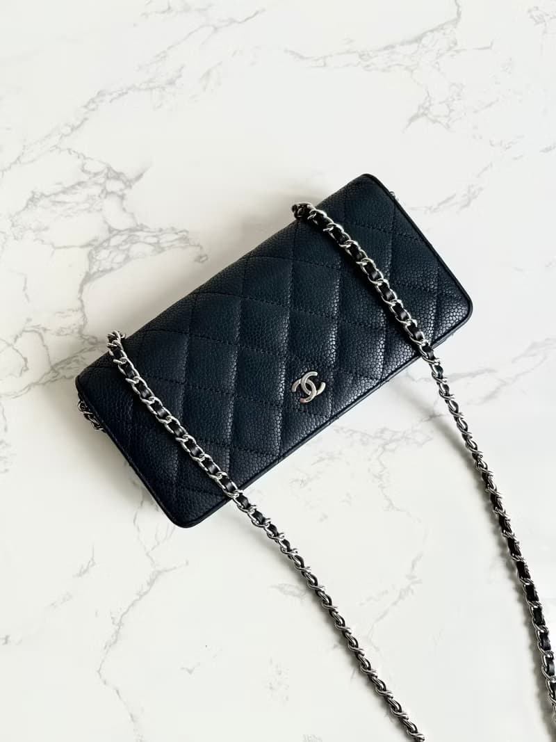 中古二手Chanel黑色魚子醬皮革WOC長夾錢包斜背側孭單肩鏈條手袋