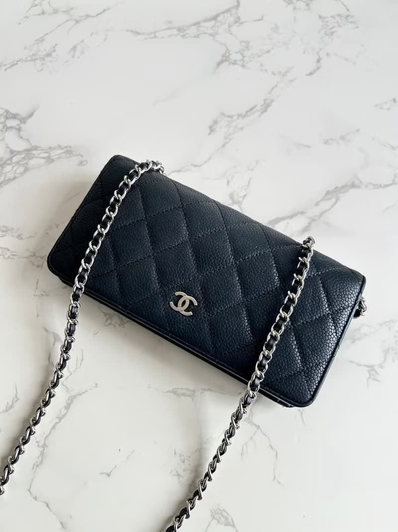 中古二手Chanel黑色魚子醬皮革WOC長夾錢包斜背側孭單肩鏈條手袋
