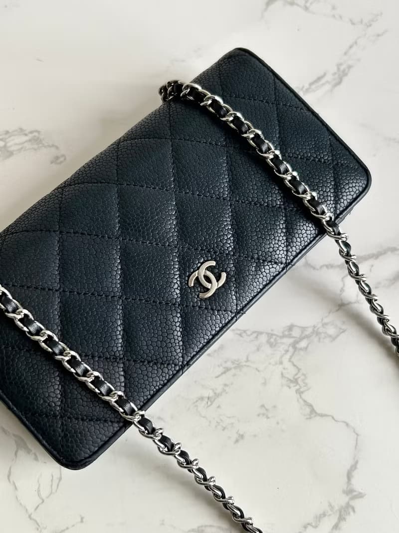 中古二手Chanel黑色魚子醬皮革WOC長夾錢包斜背側孭單肩鏈條手袋